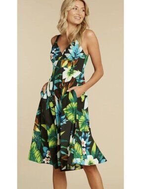 JAMS WORLD Waiola Black Floral Hawaiian Muumuu Dress Large Vacation Resort